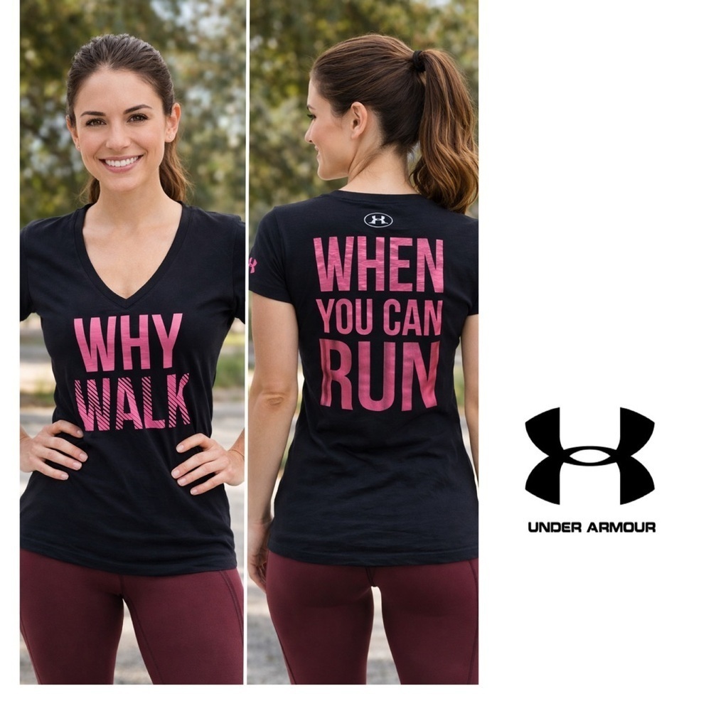 Under Armor semi fitted black/pink “why walk” logo T-shirt